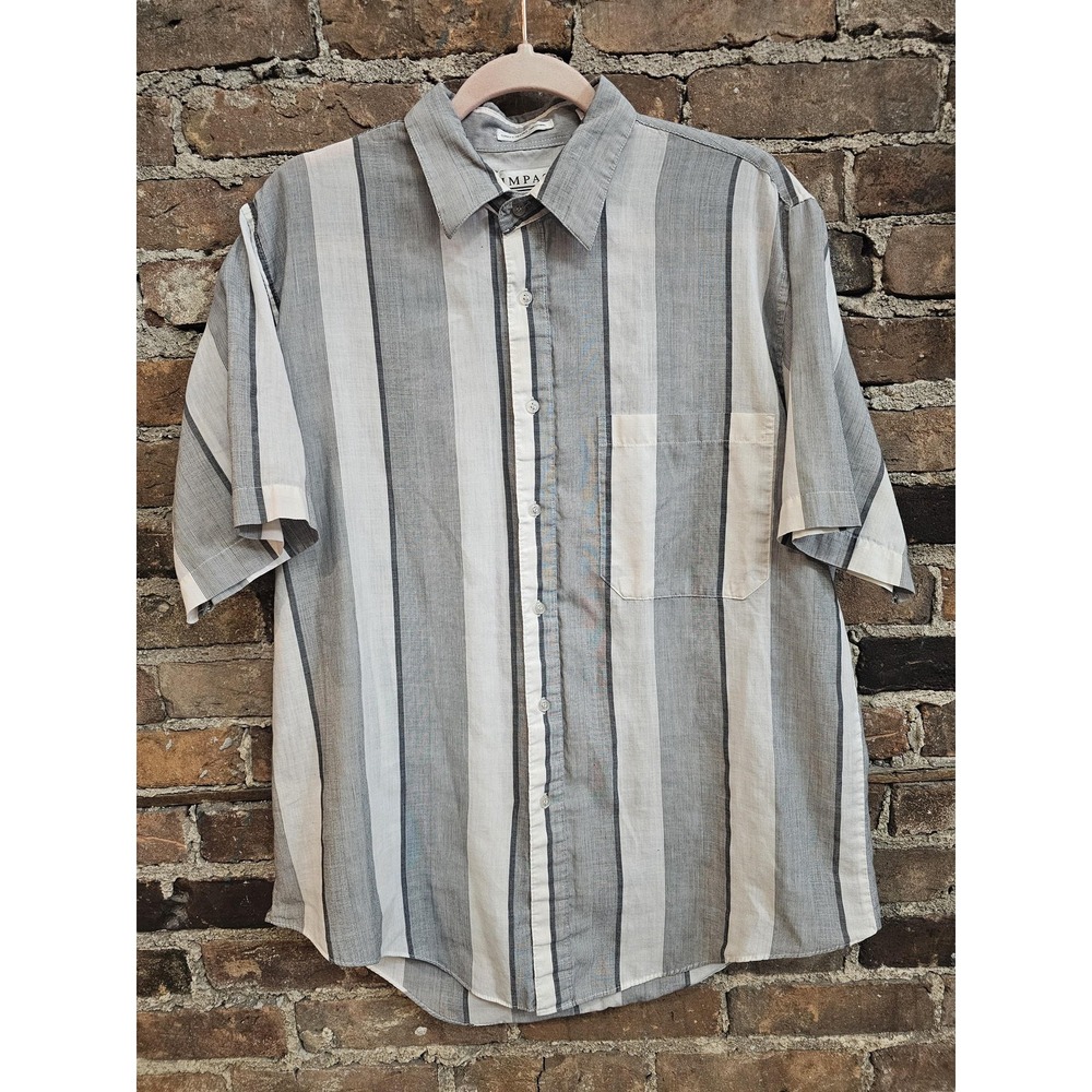 Vintage Impact Shirt Large Gray White Vertical Stripe Short Sleeve Button Up‎